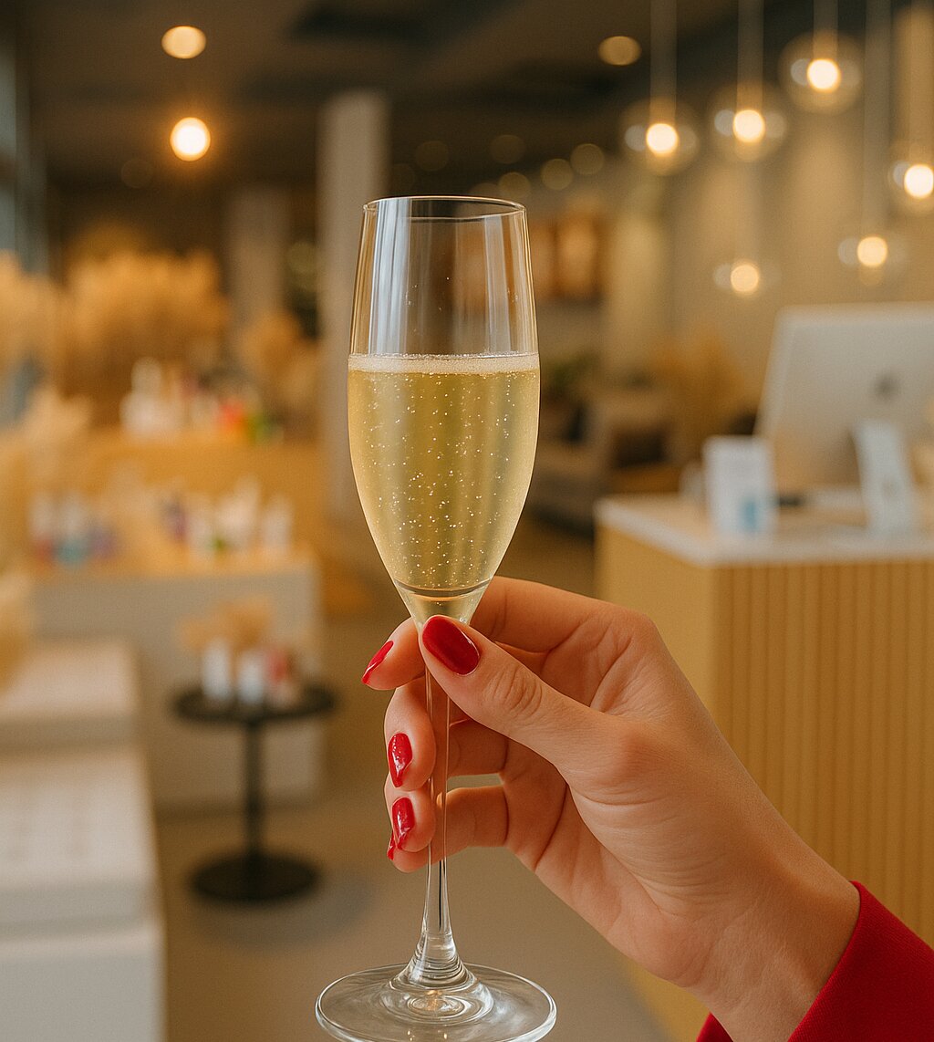 Hand mit einem Glas C&uuml;pli im Kosmetikstudio Beautylounge.