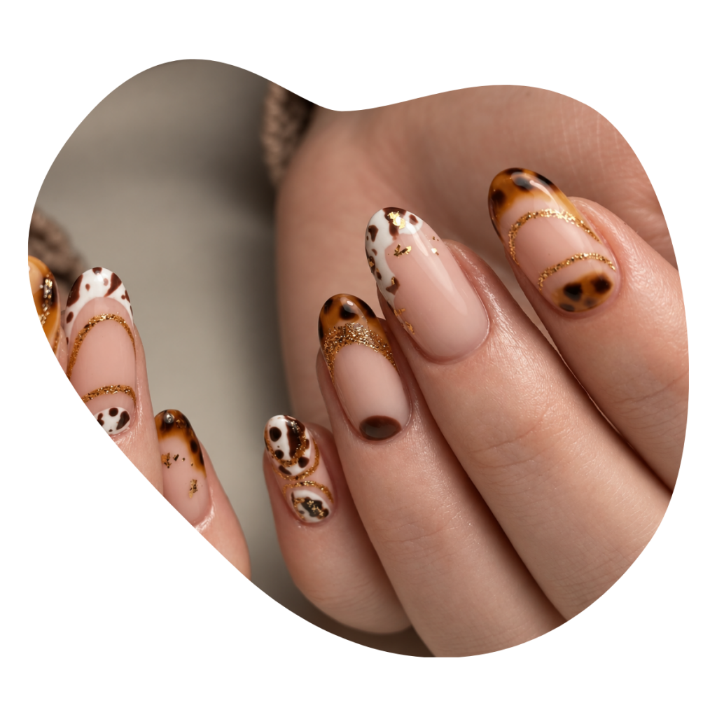 Naildeko in Basel mit Leoparden Muster in Braun und Weiss und goldenen Glitzerlinien auf nude N&auml;geln.