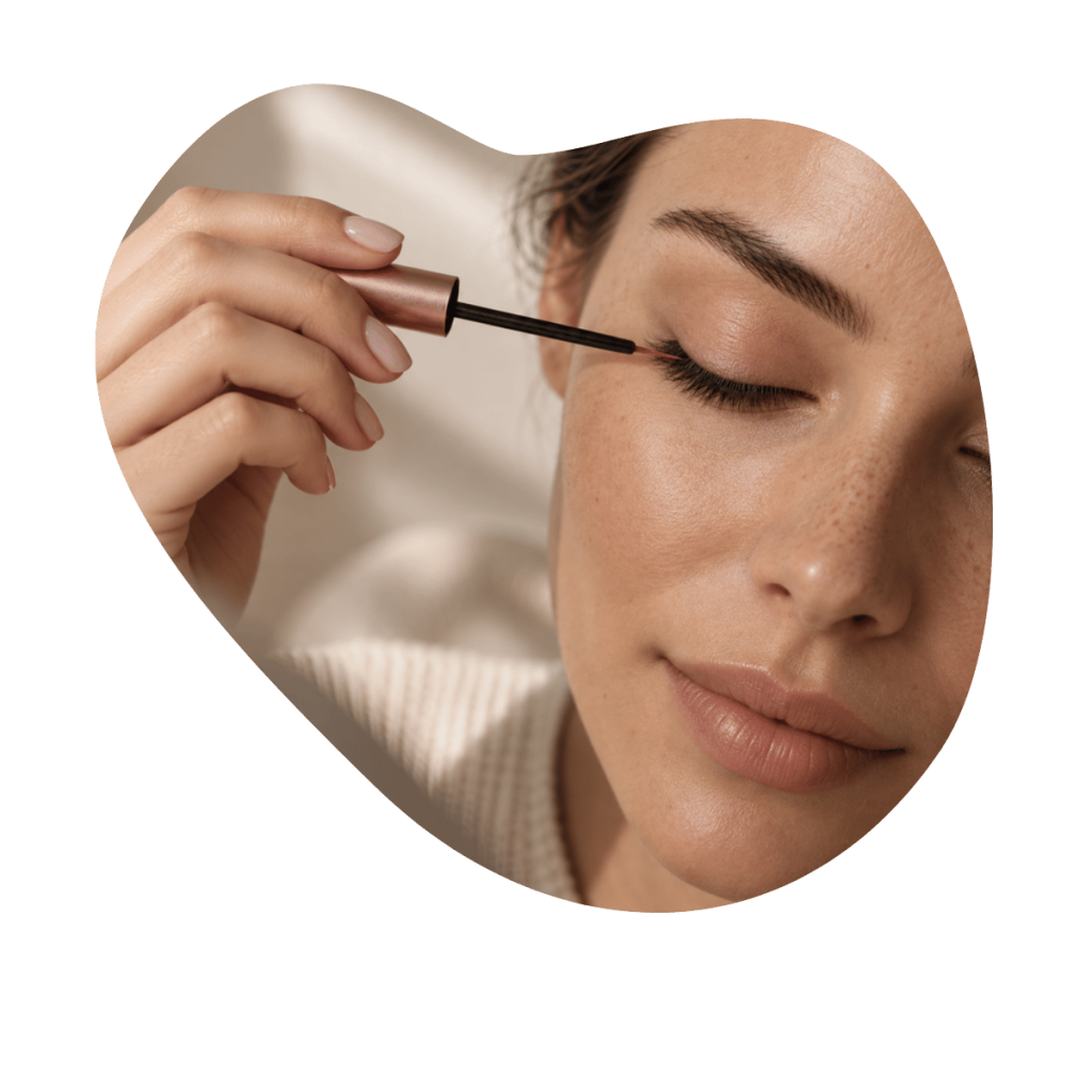 Frau tr&auml;gt MAXERUM Wimpernserum mit dem feinen Applikator am Wimpernansatz auf, Wimpernpflege in der Beautylounge Basel.