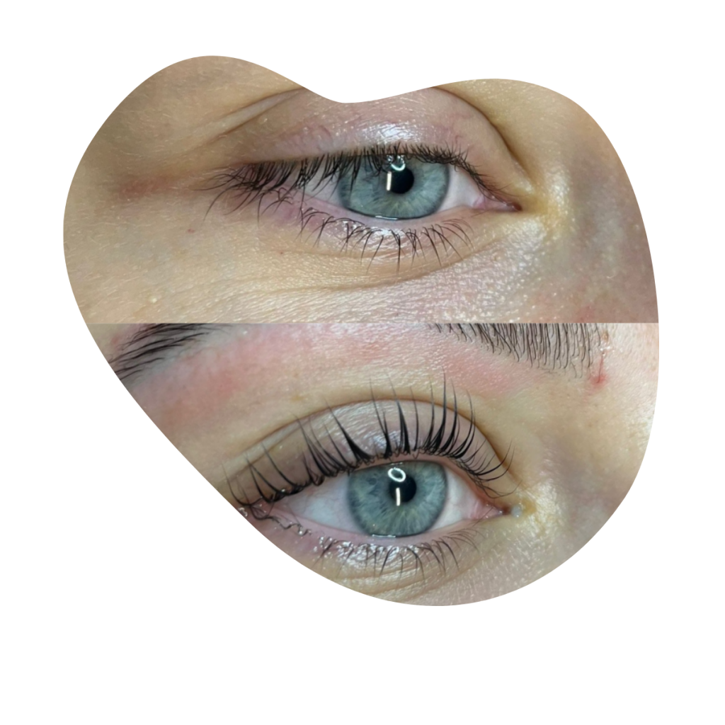 Auge und Augenbraue im Vergleich vor und nach einem Lashlifting in der Beautylounge Basel.