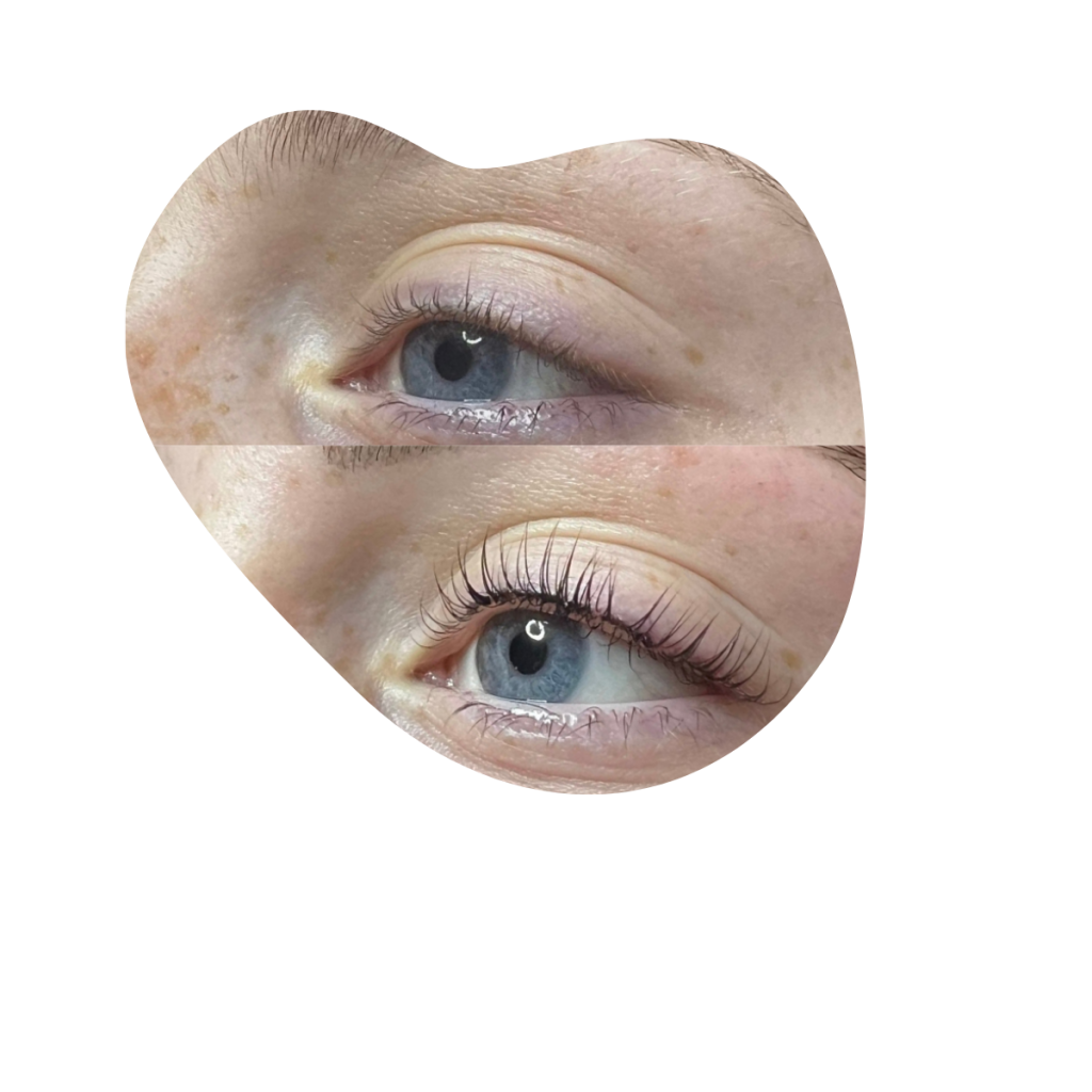 Auge im direkten Vergleich vor und nach einem Lashlifting in der Beautylounge Basel.