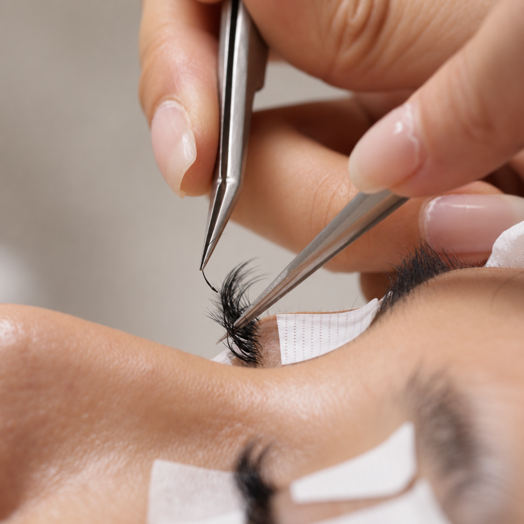 Pr&auml;zise Wimpernverl&auml;ngerung im Detail: Pinzette setzt eine einzelne Extension auf die Naturwimper.