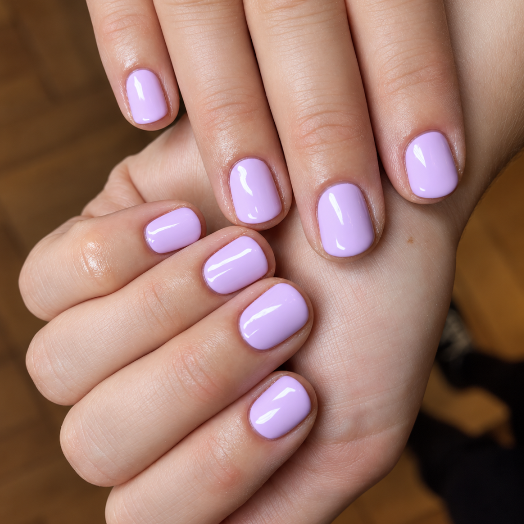 Shellac-N&auml;gel in zartem Flieder, gl&auml;nzend und gepflegt nach der Manik&uuml;re in der Beautylounge.