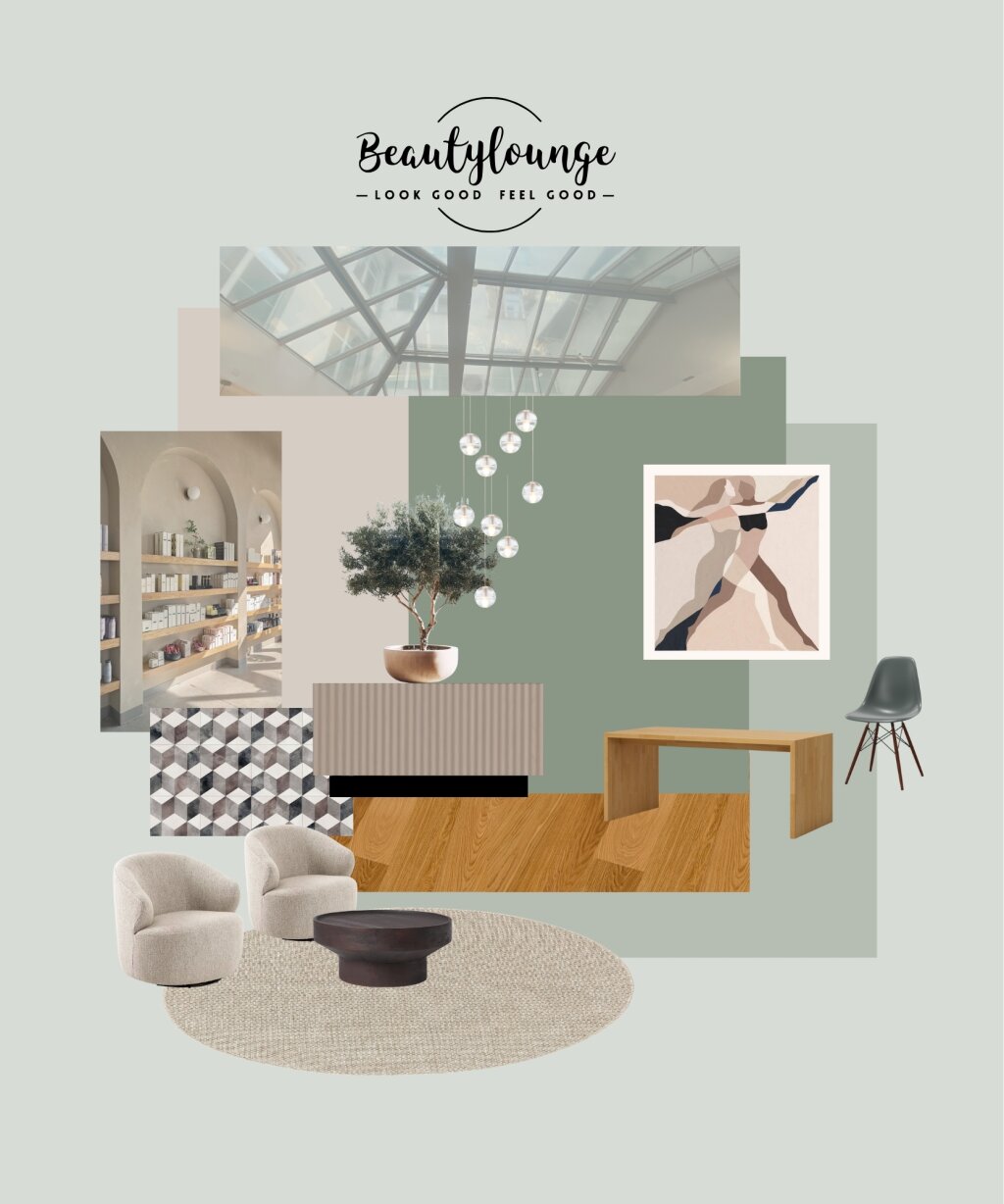 Moodboard der Beautylounge mit Einrichtungsideen und Logo.